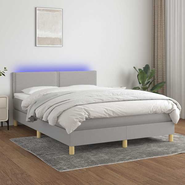 LED-valgustusega kontinentaalvoodi koos madratsiga, helehall, 140 × 200 cm, kangas — mudel 3133637
