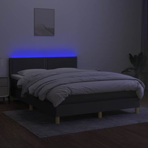 LED-valgustusega kontinentaalvoodi koos madratsiga, tumehall, 140 × 200 cm, kangas — mudel 3133638