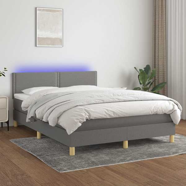 LED-valgustusega kontinentaalvoodi koos madratsiga, tumehall, 140 × 200 cm, kangas — mudel 3133638