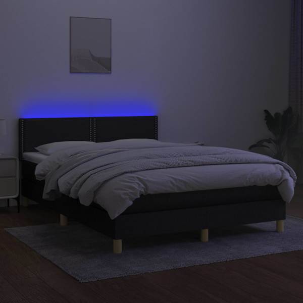LED-valgustusega kontinentaalvoodi koos madratsiga, must, 140 × 200 cm, kangas — mudel 3133639