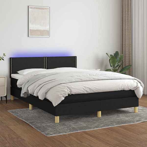 LED-valgustusega kontinentaalvoodi koos madratsiga, must, 140 × 200 cm, kangas — mudel 3133639