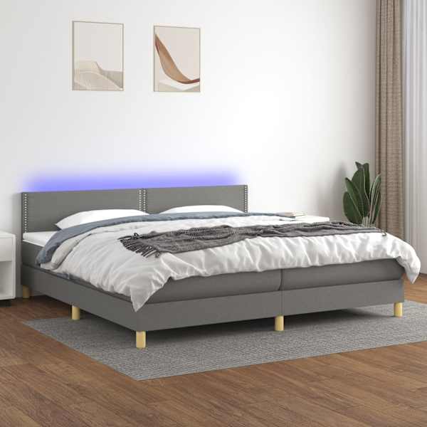 LED-valgustusega kontinentaalvoodi koos 2 madratsiga, tumehall, 200 × 200 cm, kangas — mudel 3133662