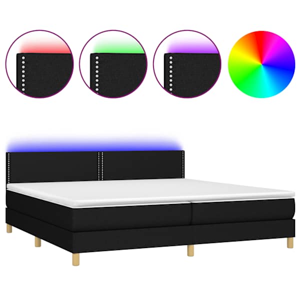LED-valgustusega kontinentaalvoodi koos 2 madratsiga, must, 200 × 200 cm, kangas — mudel 3133663