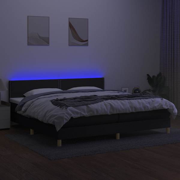 LED-valgustusega kontinentaalvoodi koos 2 madratsiga, must, 200 × 200 cm, kangas — mudel 3133663