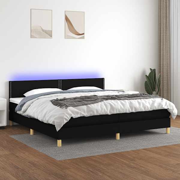 LED-valgustusega kontinentaalvoodi koos 2 madratsiga, must, 200 × 200 cm, kangas — mudel 3133663