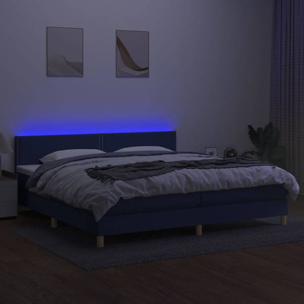 LED-valgustusega kontinentaalvoodi koos 2 madratsiga, sinine, 200 × 200 cm, kangas — mudel 3133667