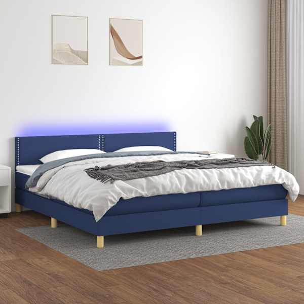 LED-valgustusega kontinentaalvoodi koos 2 madratsiga, sinine, 200 × 200 cm, kangas — mudel 3133667