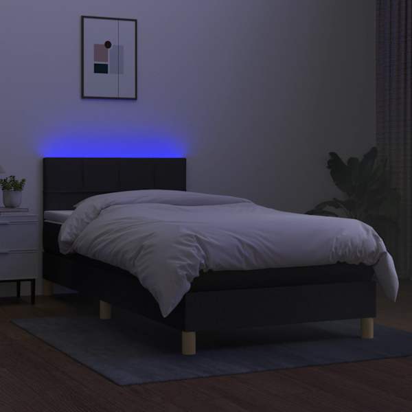 LED-valgustusega kontinentaalvoodi koos madratsiga, must, 90 × 190 cm, kangas — mudel 3133679