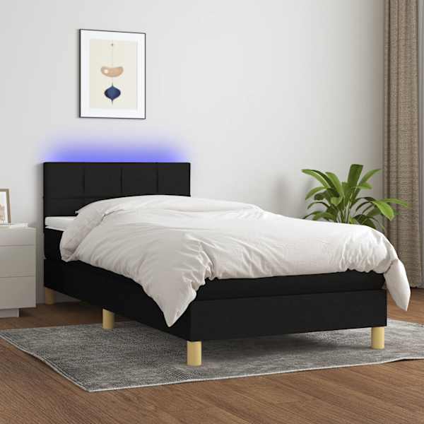 LED-valgustusega kontinentaalvoodi koos madratsiga, must, 90 × 190 cm, kangas — mudel 3133679