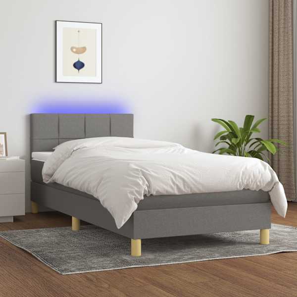 LED-valgustusega kontinentaalvoodi koos madratsiga, tumehall, 90 × 200 cm, kangas — mudel 3133686