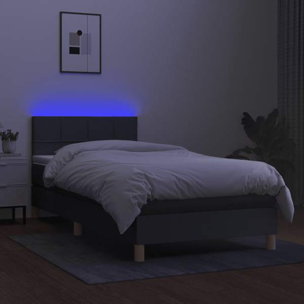 LED-valgustusega kontinentaalvoodi koos madratsiga, tumehall, 100 × 200 cm, kangas — mudel 3133694