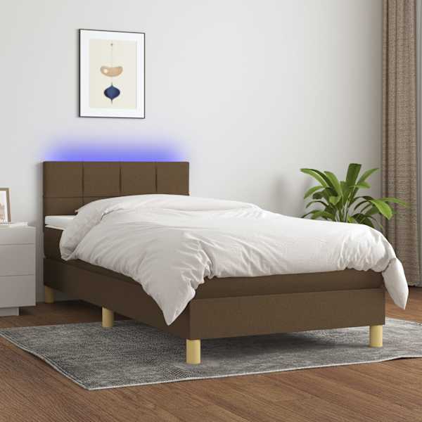 LED-valgustusega kontinentaalvoodi koos madratsiga, tumepruun, 100 × 200 cm, kangas — mudel 3133696