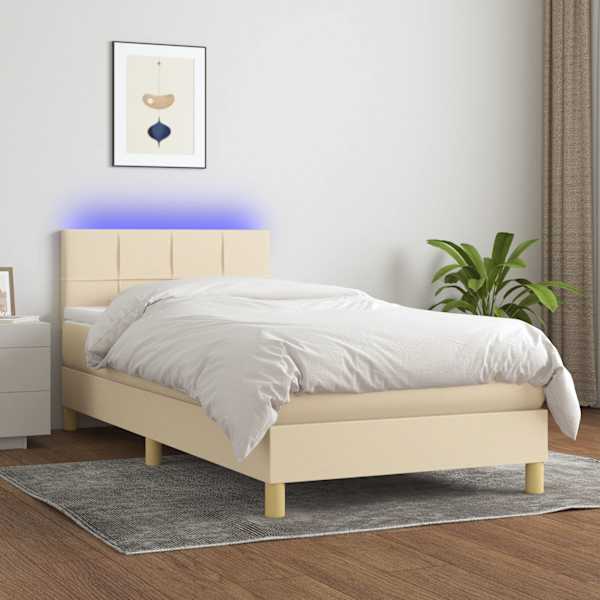 LED-valgustusega kontinentaalvoodi koos madratsiga, kreemjasvalge, 100 × 200 cm, kangas — mudel 3133698