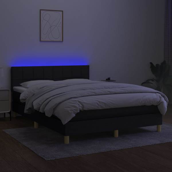 LED-valgustusega kontinentaalvoodi koos madratsiga, must, 140 × 190 cm, kangas — mudel 3133711