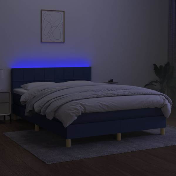 LED-valgustusega kontinentaalvoodi koos madratsiga, sinine, 140 × 190 cm, kangas — mudel 3133715