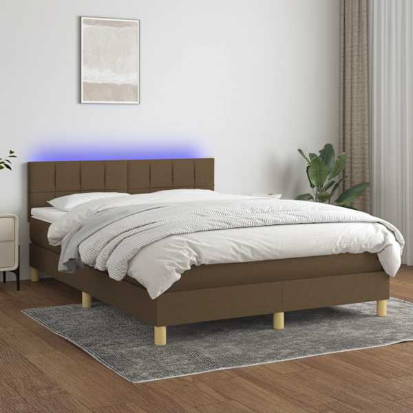 LED-valgustusega kontinentaalvoodi koos madratsiga, tumepruun, 140 × 200 cm, kangas — mudel 3133720