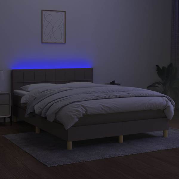 LED-valgustusega kontinentaalvoodi koos madratsiga, pruunikashall, 140 × 200 cm, kangas — mudel 3133721