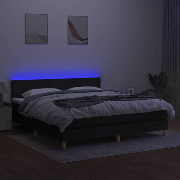 LED-valgustusega kontinentaalvoodi koos madratsiga, must, 160 × 200 cm, kangas — mudel 3133727