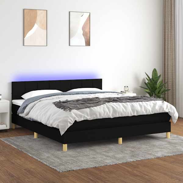 LED-valgustusega kontinentaalvoodi koos madratsiga, must, 160 × 200 cm, kangas — mudel 3133727