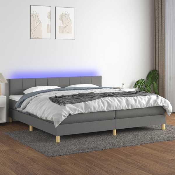 LED-valgustusega kontinentaalvoodi koos 2 madratsiga, tumehall, 200 × 200 cm, kangas — mudel 3133742
