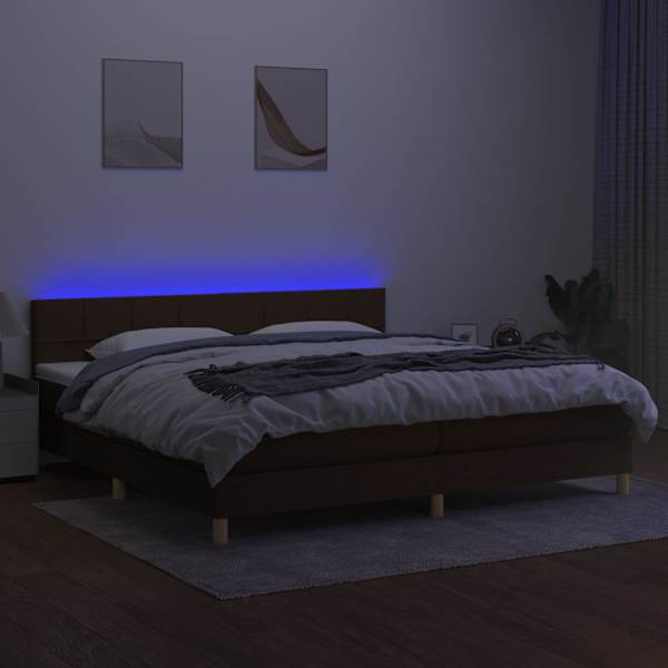 LED-valgustusega kontinentaalvoodi koos 2 madratsiga, tumepruun, 200 × 200 cm, kangas — mudel 3133744