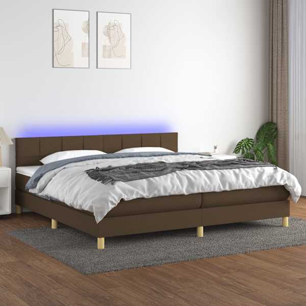 LED-valgustusega kontinentaalvoodi koos 2 madratsiga, tumepruun, 200 × 200 cm, kangas — mudel 3133744