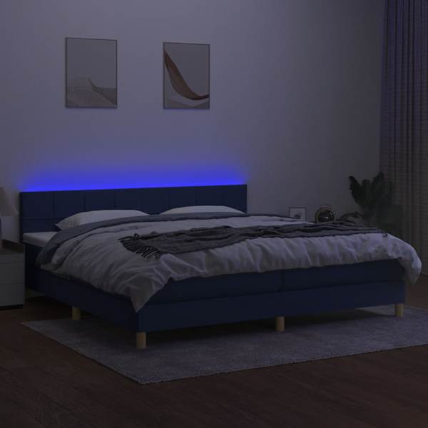 LED-valgustusega kontinentaalvoodi koos 2 madratsiga, sinine, 200 × 200 cm, kangas — mudel 3133747