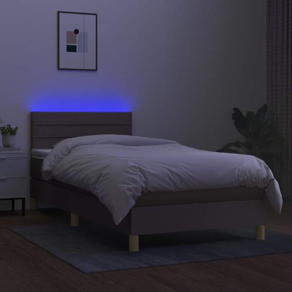 LED-valgustusega kontinentaalvoodi koos madratsiga, pruunikashall, 90 × 190 cm, kangas — mudel 3133761