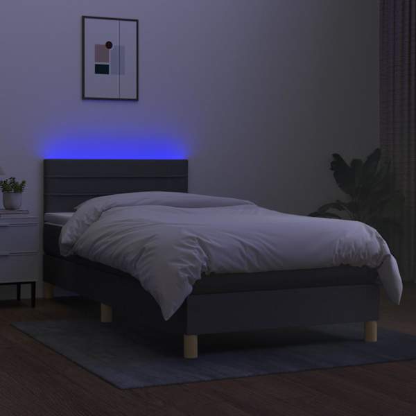 LED-valgustusega kontinentaalvoodi koos madratsiga, tumehall, 90 × 200 cm, kangas — mudel 3133766