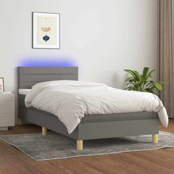 LED-valgustusega kontinentaalvoodi koos madratsiga, tumehall, 90 × 200 cm, kangas — mudel 3133766