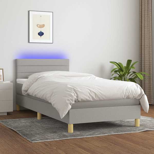 LED-valgustusega kontinentaalvoodi koos madratsiga, helehall, 100 × 200 cm, kangas — mudel 3133773
