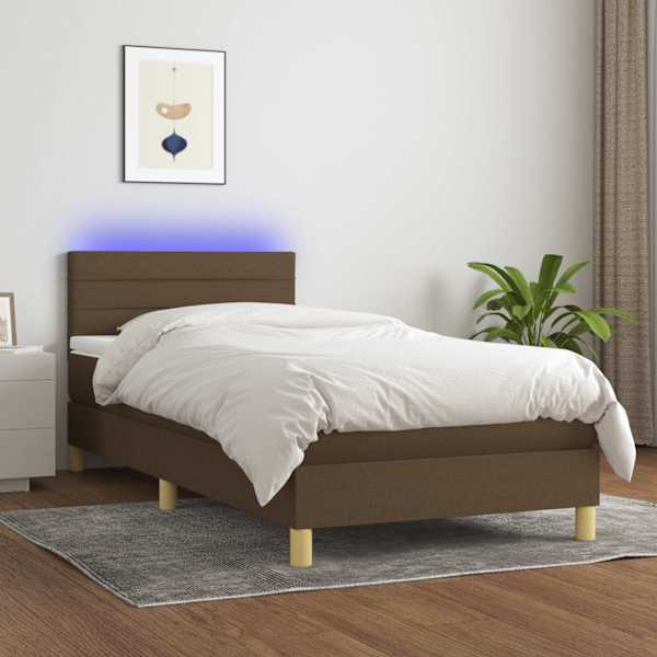 LED-valgustusega kontinentaalvoodi koos madratsiga, tumepruun, 100 × 200 cm, kangas — mudel 3133776