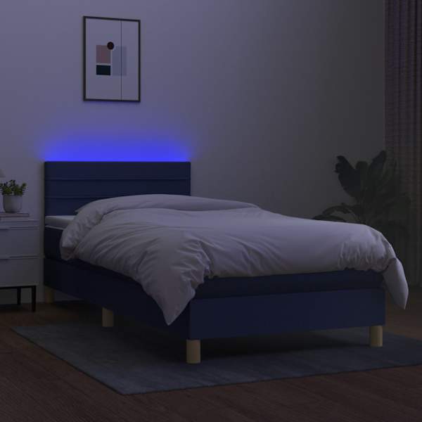 LED-valgustusega kontinentaalvoodi koos madratsiga, sinine, 100 × 200 cm, kangas — mudel 3133779