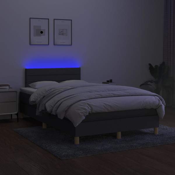 LED-valgustusega kontinentaalvoodi koos madratsiga, tumehall, 120 × 200 cm, kangas — mudel 3133782