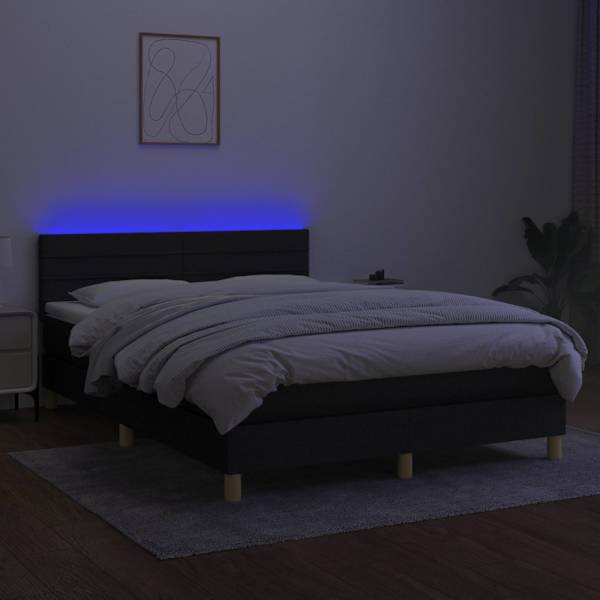 LED-valgustusega kontinentaalvoodi koos madratsiga, must, 140 × 190 cm, kangas — mudel 3133791