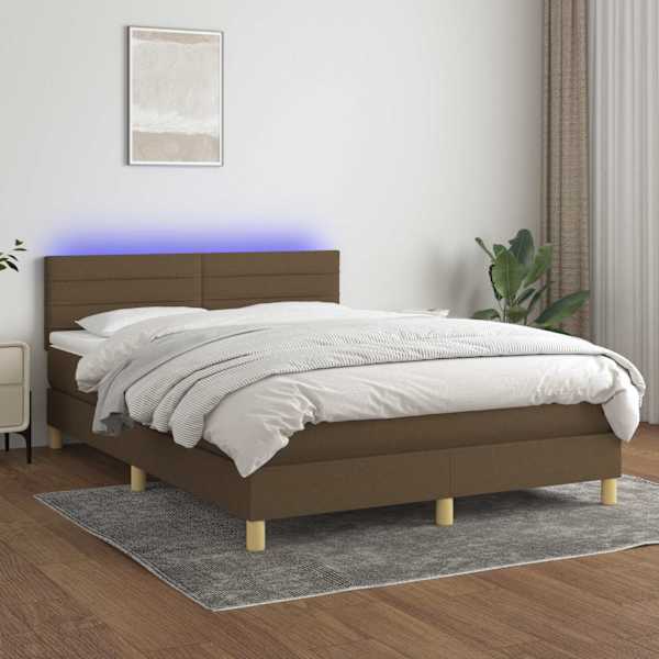 LED-valgustusega kontinentaalvoodi koos madratsiga, tumepruun, 140 × 190 cm, kangas — mudel 3133792