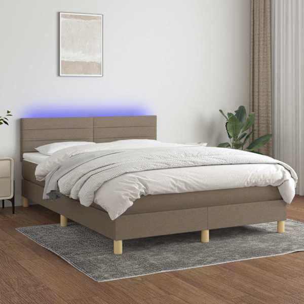 LED-valgustusega kontinentaalvoodi koos madratsiga, pruunikashall, 140 × 190 cm, kangas — mudel 3133793