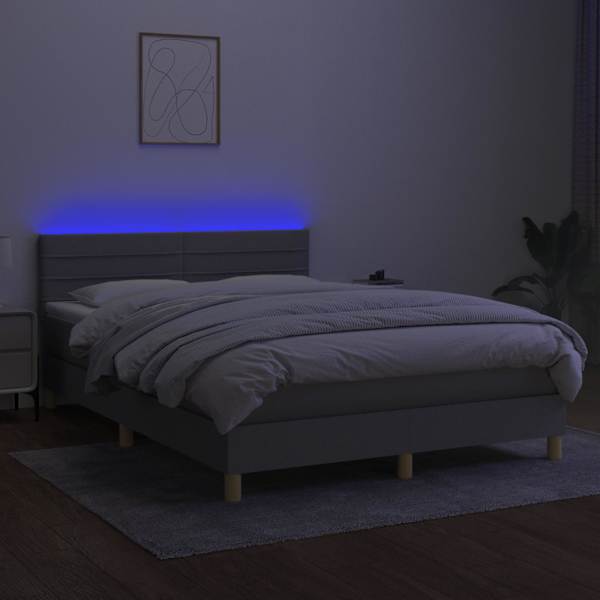 LED-valgustusega kontinentaalvoodi koos madratsiga, helehall, 140 × 200 cm, kangas — mudel 3133797
