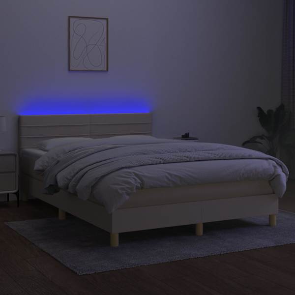 LED-valgustusega kontinentaalvoodi koos madratsiga, kreemjasvalge, 140 × 200 cm, kangas — mudel 3133802