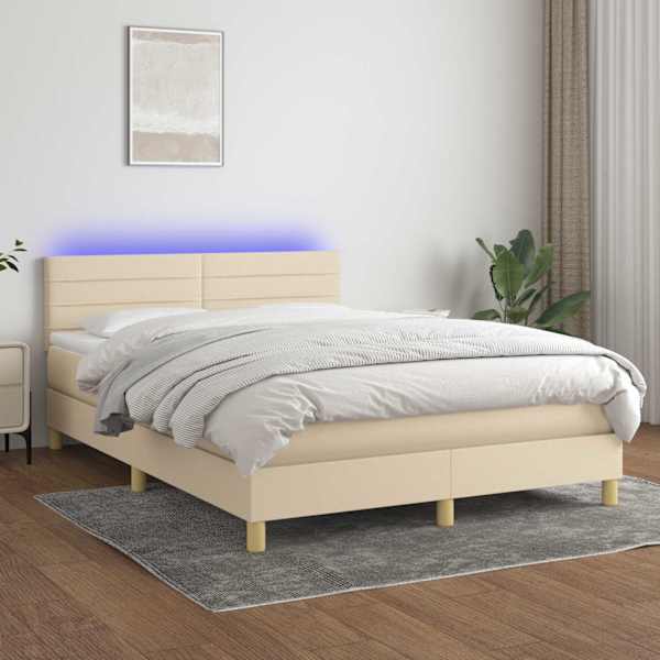 LED-valgustusega kontinentaalvoodi koos madratsiga, kreemjasvalge, 140 × 200 cm, kangas — mudel 3133802