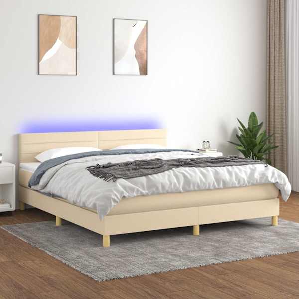 LED-valgustusega kontinentaalvoodi koos madratsiga, kreemjasvalge, 160 × 200 cm, kangas — mudel 3133810