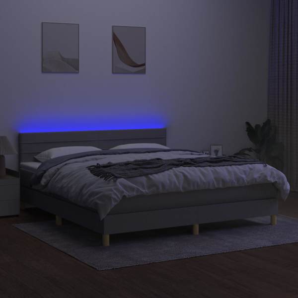 LED-valgustusega kontinentaalvoodi koos madratsiga, helehall, 180 × 200 cm, kangas — mudel 3133813