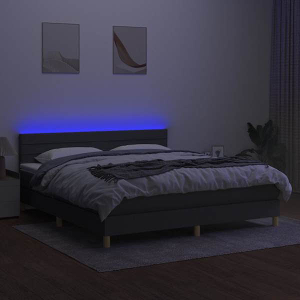 LED-valgustusega kontinentaalvoodi koos madratsiga, tumehall, 180 × 200 cm, kangas — mudel 3133814