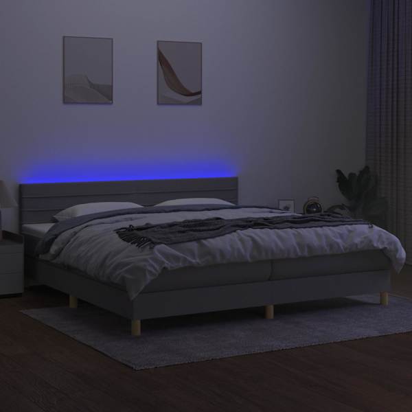 LED-valgustusega kontinentaalvoodi koos 2 madratsiga, helehall, 200 × 200 cm, kangas — mudel 3133821