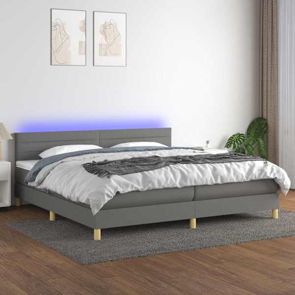 LED-valgustusega kontinentaalvoodi koos 2 madratsiga, tumehall, 200 × 200 cm, kangas — mudel 3133822