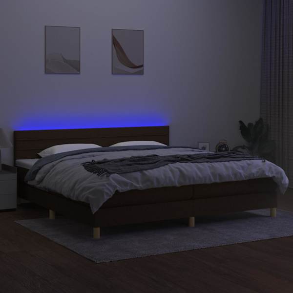 LED-valgustusega kontinentaalvoodi koos 2 madratsiga, tumepruun, 200 × 200 cm, kangas — mudel 3133824