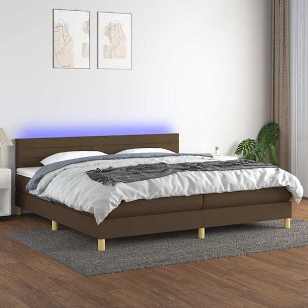LED-valgustusega kontinentaalvoodi koos 2 madratsiga, tumepruun, 200 × 200 cm, kangas — mudel 3133824
