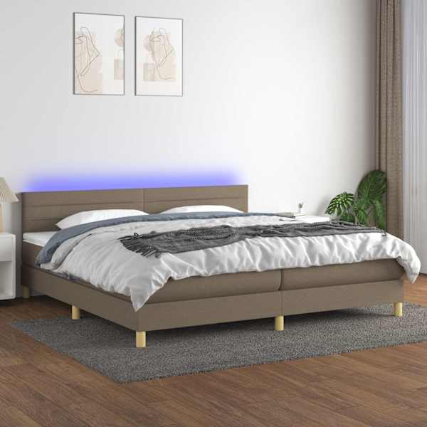 LED-valgustusega kontinentaalvoodi koos 2 madratsiga, pruunikashall, 200 × 200 cm, kangas — mudel 3133825