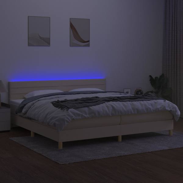 LED-valgustusega kontinentaalvoodi koos 2 madratsiga, kreemjasvalge, 200 × 200 cm, kangas — mudel 3133826