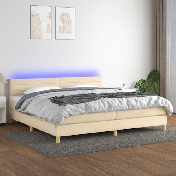 LED-valgustusega kontinentaalvoodi koos 2 madratsiga, kreemjasvalge, 200 × 200 cm, kangas — mudel 3133826